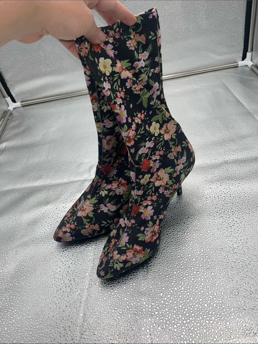 MIA Black Floral Pointed Sock Booties